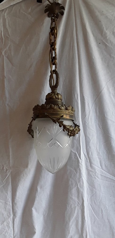 Ceiling Lamp with Brass and Bronze Polish & Matt Glass Shade, 1900s