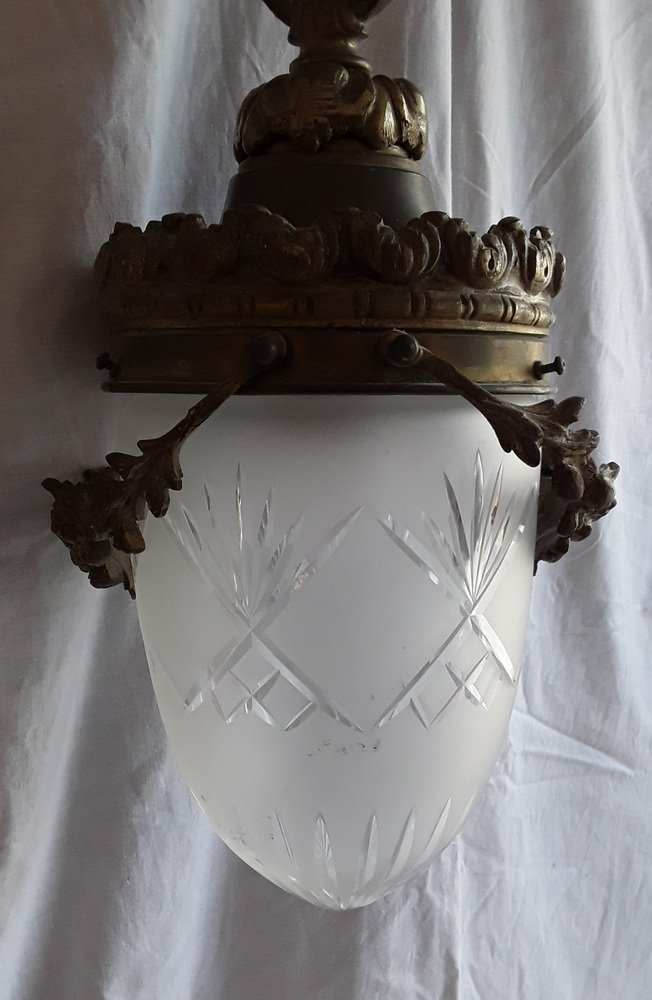 Ceiling Lamp with Brass and Bronze Polish & Matt Glass Shade, 1900s