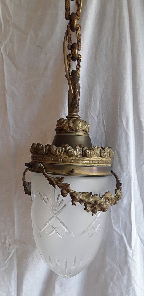 Ceiling Lamp with Brass and Bronze Polish & Matt Glass Shade, 1900s