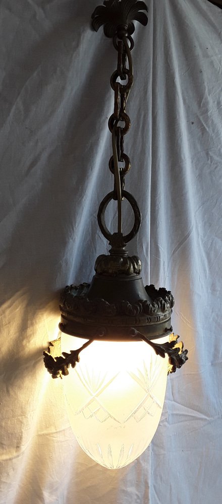 Ceiling Lamp with Brass and Bronze Polish & Matt Glass Shade, 1900s