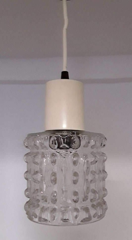 Ceiling Lamp with Clear Relief Pressed Glass Shade, Cream Plastic Mount and Black Plastic Canopy, 1970s