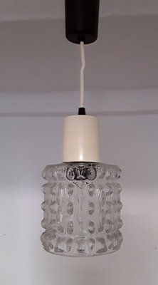 Ceiling Lamp with Clear Relief Pressed Glass Shade, Cream Plastic Mount and Black Plastic Canopy, 1970s-HOI-1089825