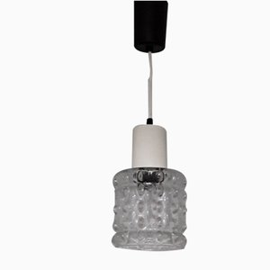 Ceiling Lamp with Clear Relief Pressed Glass Shade, Cream Plastic Mount and Black Plastic Canopy, 1970s-HOI-1089825