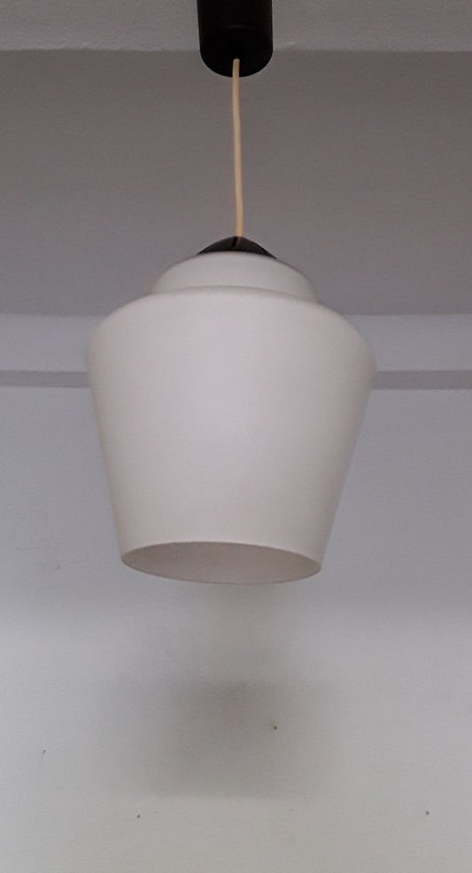 Ceiling Lamp with Opaque White Glass Shade & Black Plastic Mount, 1960s