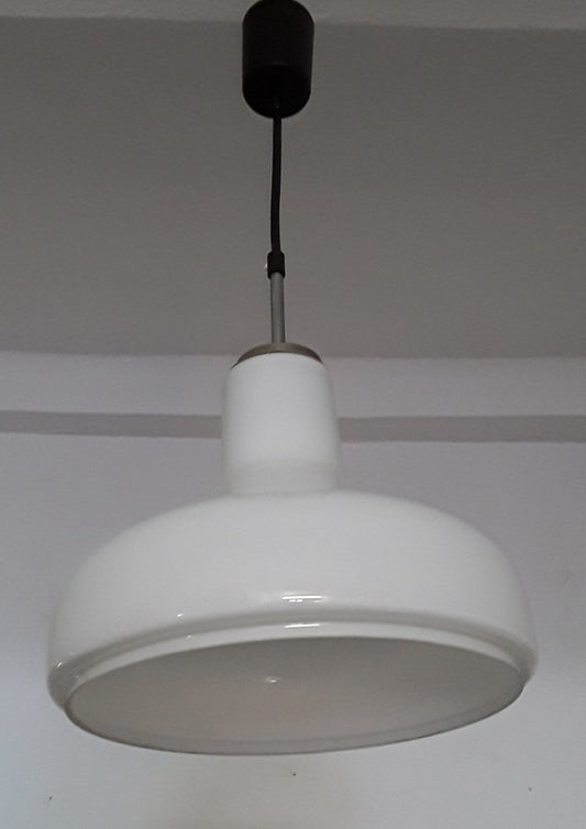 Ceiling Lamp with Opaque White Glass Shade, Chrome-Plated Metal Mounting & Black Cable and Canopy, 1960s