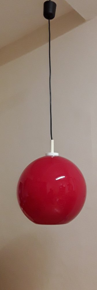 Ceiling Lamp with Spherical Red Glass Shade, 1970s