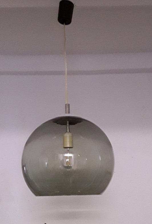 Ceiling Lamp with Spherical Smoked Glass Shade, Silver Metal Mount & Black Plastic Canopy, 1980s