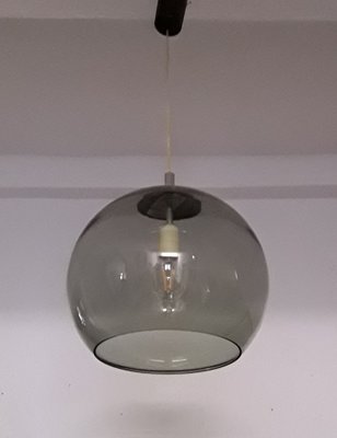 Ceiling Lamp with Spherical Smoked Glass Shade, Silver Metal Mount & Black Plastic Canopy, 1980s-HOI-1275035