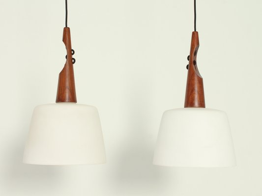 Ceiling Lamps in Teak and Opaline Glass, 1960s, Set of 2-UB-1787596