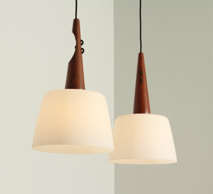 Ceiling Lamps in Teak and Opaline Glass, 1960s, Set of 2-UB-1787596