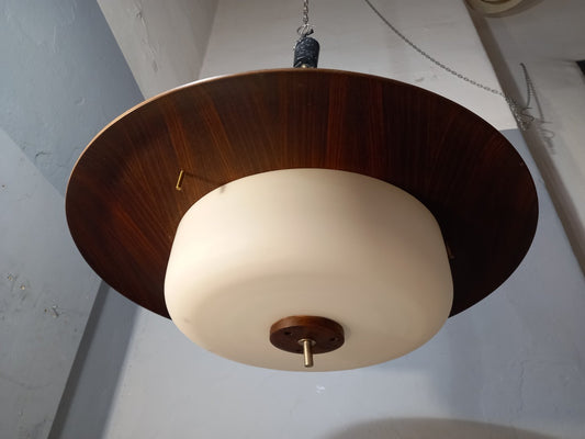 Ceiling Light in Finely Steam-Bent Teak and Opaline Glass by Goffredo Reggiani for Reggiani, 1960s