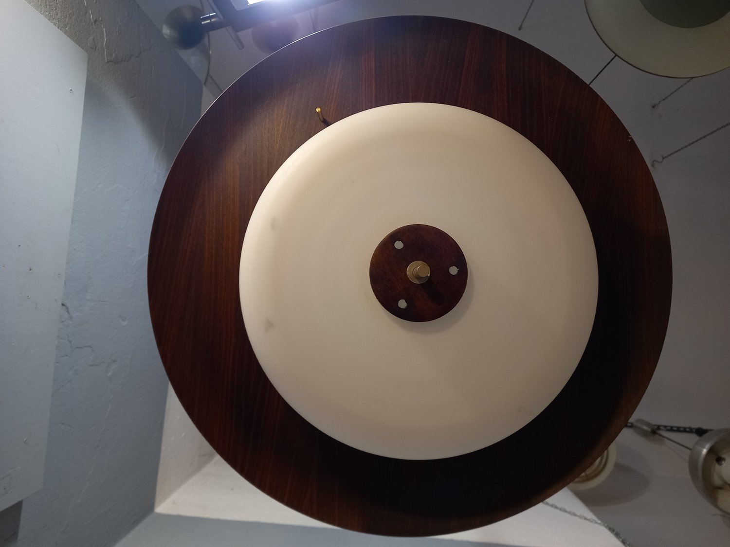 Ceiling Light in Finely Steam-Bent Teak and Opaline Glass by Goffredo Reggiani for Reggiani, 1960s