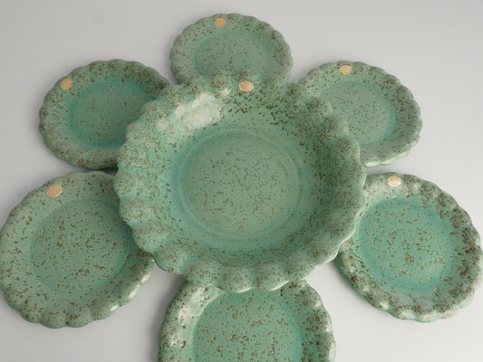 Celadon Green Earthenware Bowl & Plates from Nittsjö, Sweden, 1960s, Set of 7-RUK-1773828