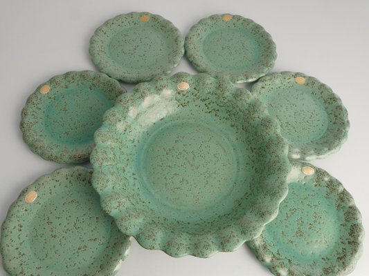 Celadon Green Earthenware Bowl & Plates from Nittsjö, Sweden, 1960s, Set of 7-RUK-1773828