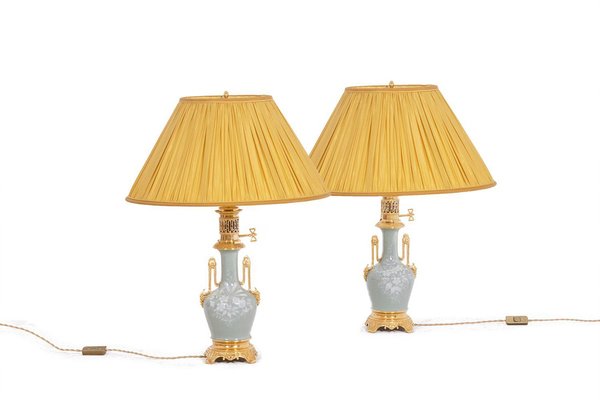 Celadon Porcelain and Gilded Bronze Table Lamps, 1880s, Set of 2-CEJ-1807399