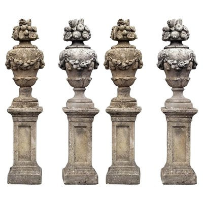 Cement Urns on Pillars, Early 1900s, Set of 2-FDW-2023350