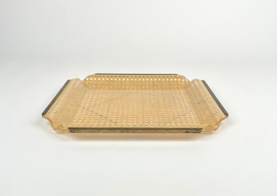 Centerpiece in Acrylic Glass, Rattan and Brass in the Style of Christian Dior, Italy, 1970s-LYQ-1378016