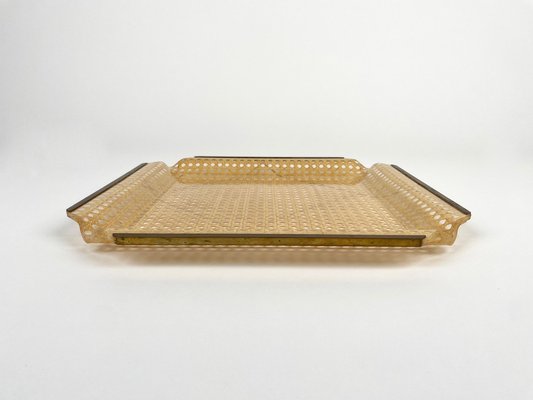 Centerpiece in Acrylic Glass, Rattan and Brass in the Style of Christian Dior, Italy, 1970s-LYQ-1378016