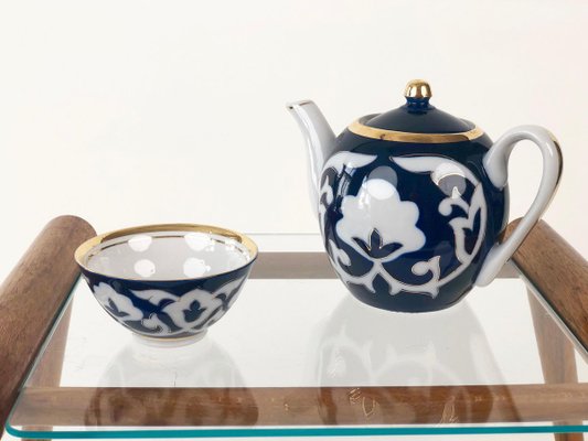 Central Asian Hand-Painted Porcelain Tea Set in Cobalt Blue & Gold, 1960s, Set of 8-BAF-763468