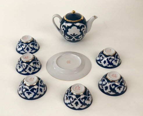 Central Asian Hand-Painted Porcelain Tea Set in Cobalt Blue & Gold, 1960s, Set of 8-BAF-763468