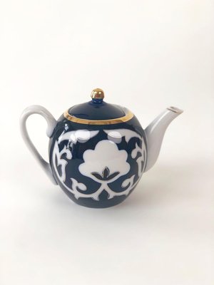 Central Asian Hand-Painted Porcelain Tea Set in Cobalt Blue & Gold, 1960s, Set of 8-BAF-763468