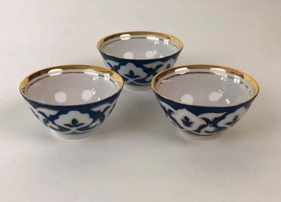 Central Asian Hand-Painted Porcelain Tea Set in Cobalt Blue & Gold, 1960s, Set of 8-BAF-763468