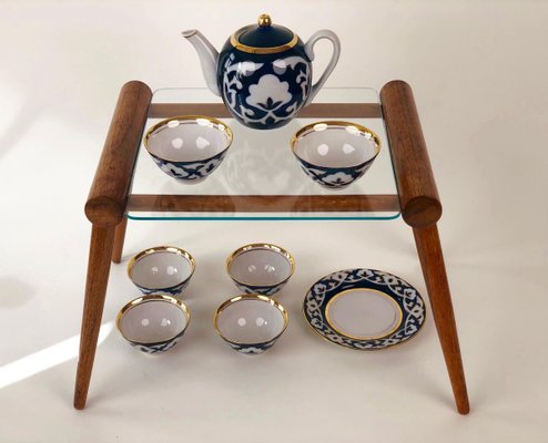 Central Asian Hand-Painted Porcelain Tea Set in Cobalt Blue & Gold, 1960s, Set of 8-BAF-763468