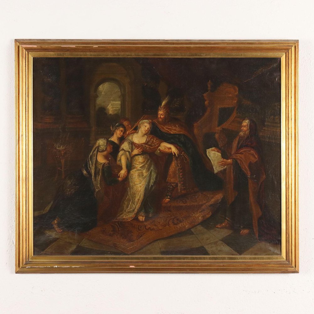 Central European Artist, Esther in the Presence of Ahasuerus, Oil on Canvas, Framed