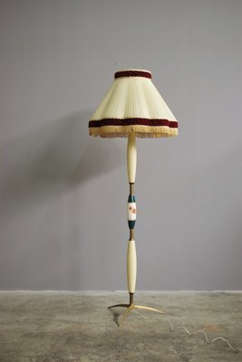 Ceramic and Wooden Ground Lamp with Fringes, 1950s-KNM-1428984