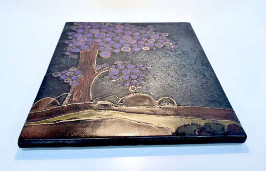 Ceramic Art Wall Tile with a Blooming Tree Motif in an Abstracted Landscape, 1960s