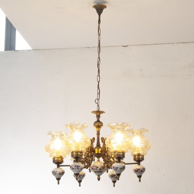 Ceramic & Blown Murano Glass 6 Light Chandelier with Floral Decoration, Italy, 1950s-MPO-1259484