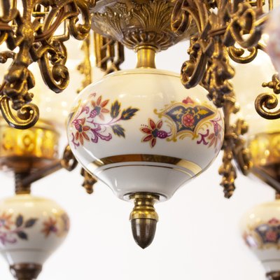 Ceramic & Blown Murano Glass 6 Light Chandelier with Floral Decoration, Italy, 1950s-MPO-1259484