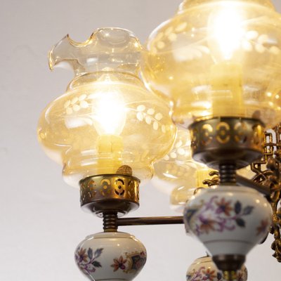 Ceramic & Blown Murano Glass 6 Light Chandelier with Floral Decoration, Italy, 1950s-MPO-1259484