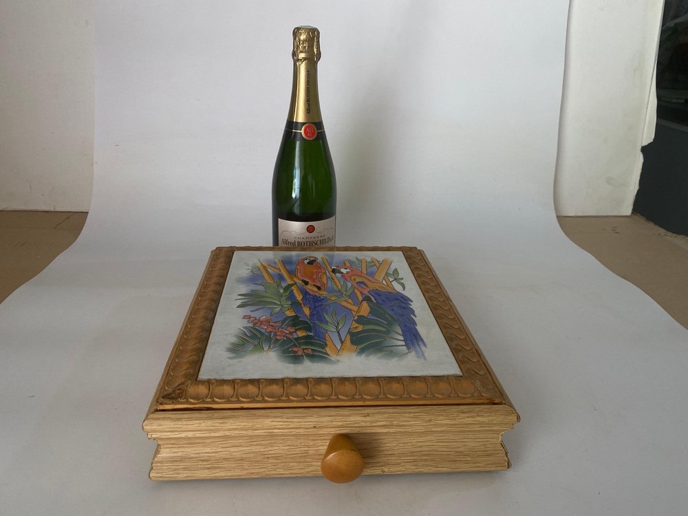 Ceramic Center Table or Trivet with a Wood Box, France, 1960s