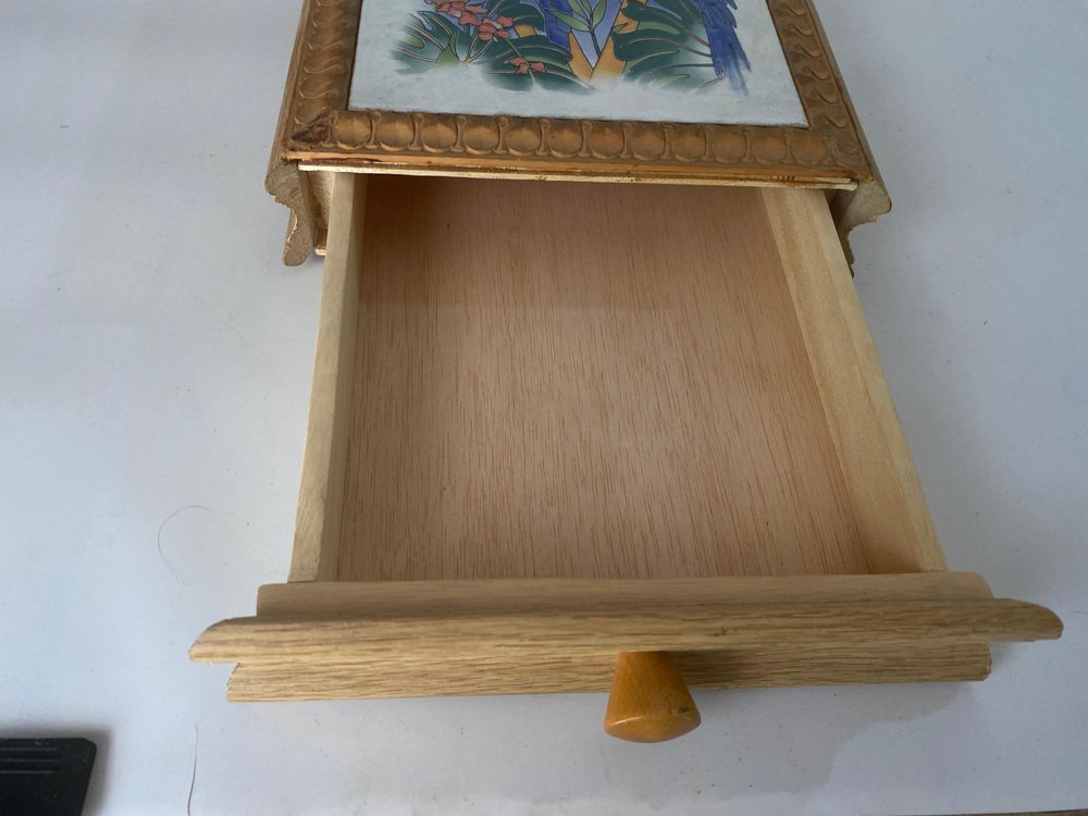 Ceramic Center Table or Trivet with a Wood Box, France, 1960s