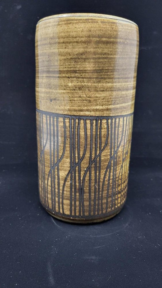 Ceramic Cylindrical Vase with Brown Glaze and Dark Incised Geometric Decor by Dominique Pouchain