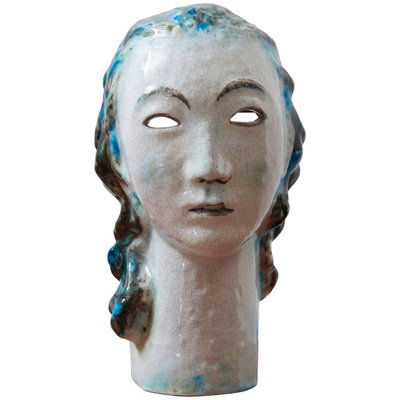 Ceramic Girl with Blue Hair Portrait by Erwin Spuler for Majolica Manufactory of Karlsruhe, 1930s-KL-620436