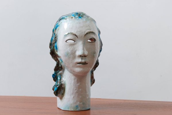 Ceramic Girl with Blue Hair Portrait by Erwin Spuler for Majolica Manufactory of Karlsruhe, 1930s-KL-620436