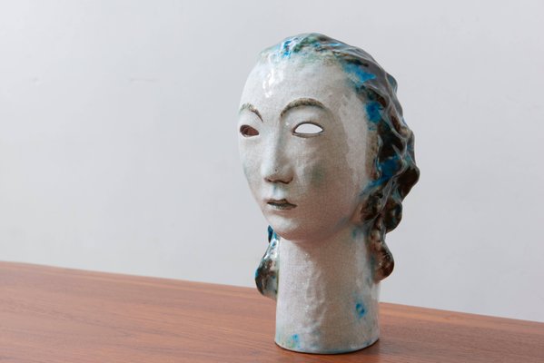 Ceramic Girl with Blue Hair Portrait by Erwin Spuler for Majolica Manufactory of Karlsruhe, 1930s-KL-620436