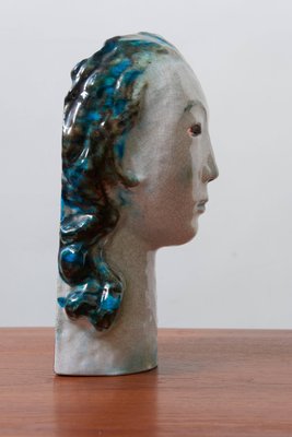 Ceramic Girl with Blue Hair Portrait by Erwin Spuler for Majolica Manufactory of Karlsruhe, 1930s-KL-620436