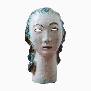 Ceramic Girl with Blue Hair Portrait by Erwin Spuler for Majolica Manufactory of Karlsruhe, 1930s-KL-620436