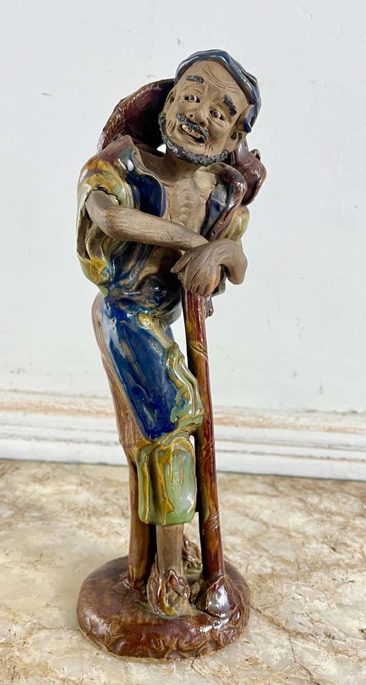 Ceramic Immortal Li Tieguai Statuette in Yellow and Blue, China, 19th Century