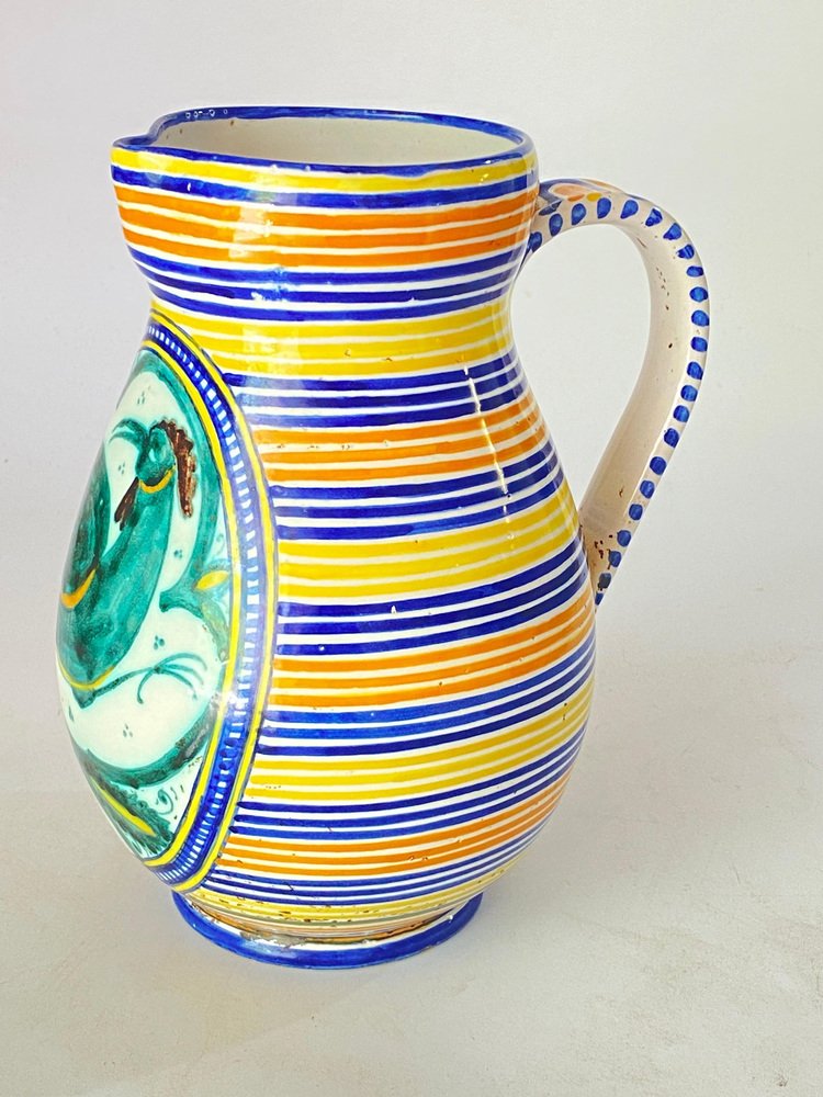 Ceramic Jug or Pitcher with White Bue Yellow Color Gubbio, Italy, 1960s