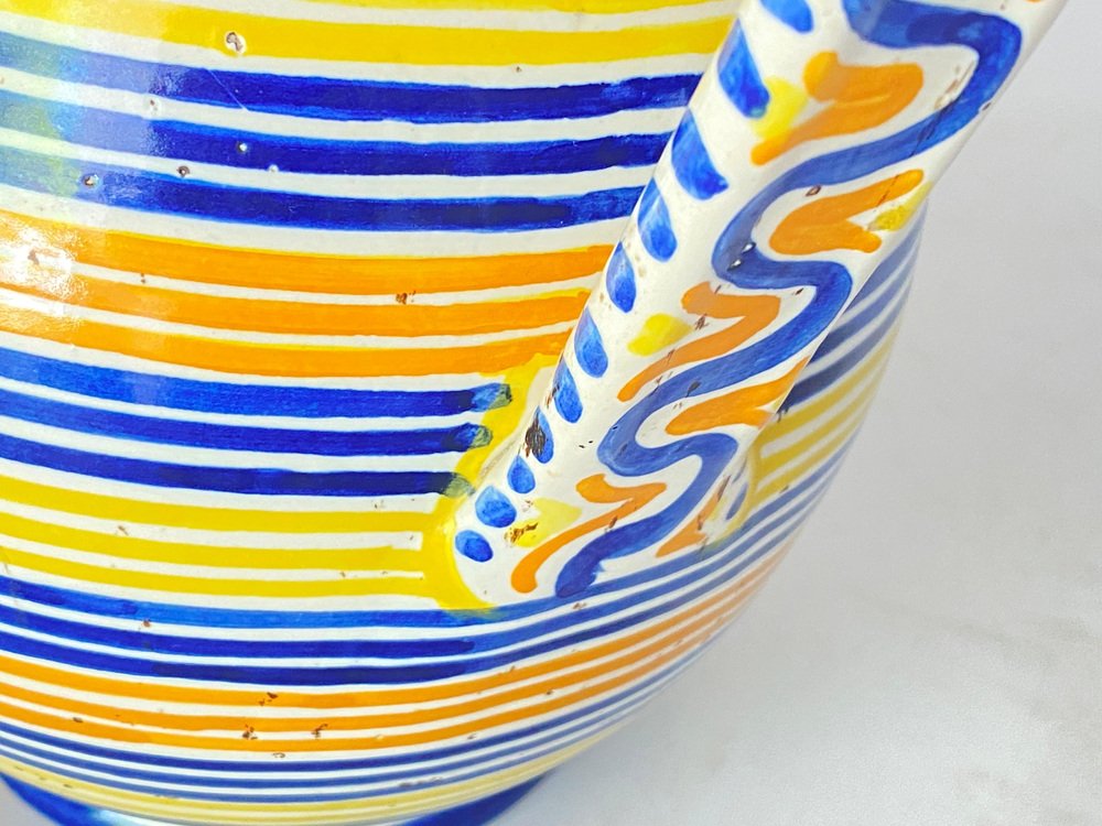 Ceramic Jug or Pitcher with White Bue Yellow Color Gubbio, Italy, 1960s