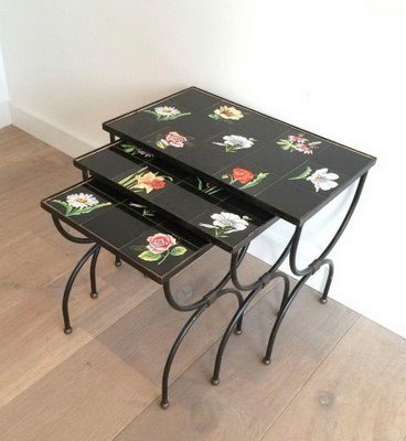 Ceramic & Metal Nesting Tables, 1950s, Set of 3-BA-1365652