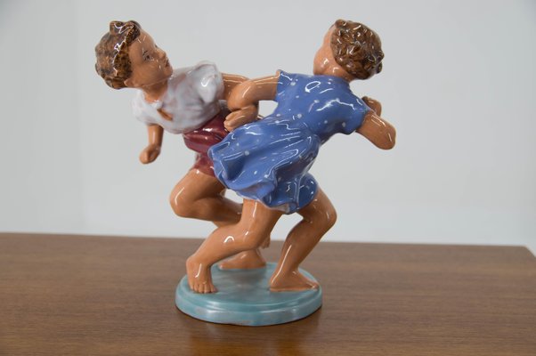 Ceramic Sculpture of 2 Children, Czechoslovakia, 1940s-TZ-1004861