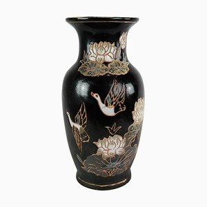 Ceramic Vase with Black Glaze and Decorated with Flowers-UY-1000665