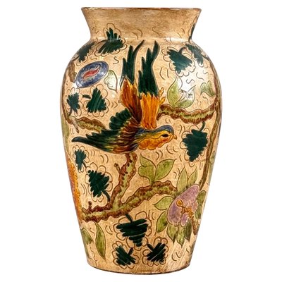 Ceramic Vase with Floral and Bird Motifs by C. Monarchi, Gubbio, 1930s-KHT-2017082