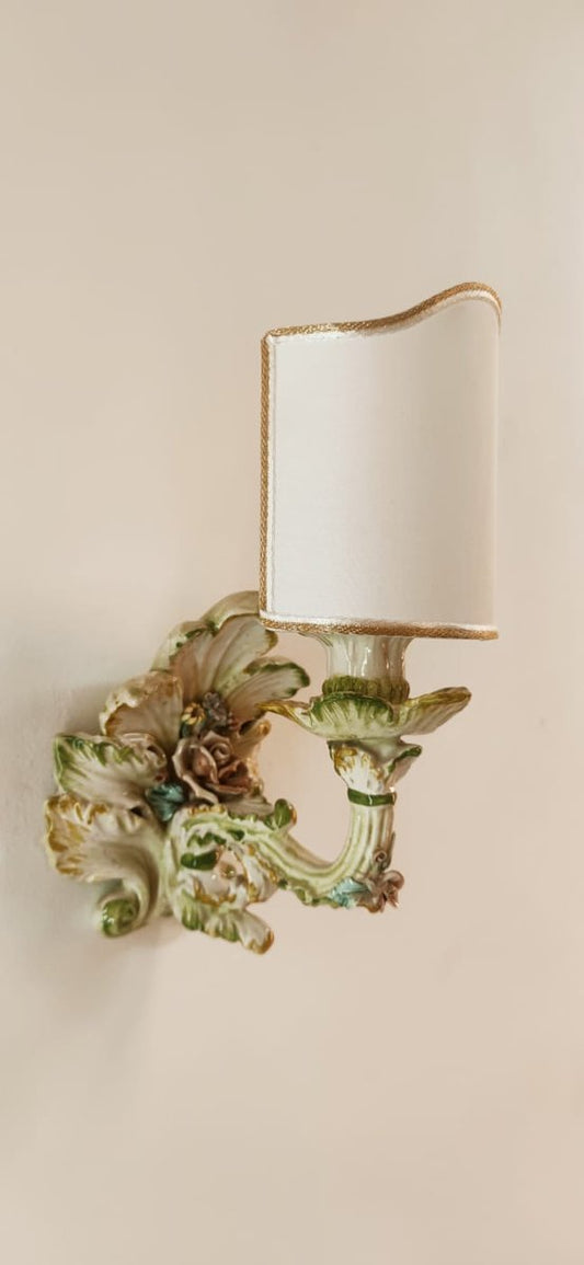 Ceramic Wall Light Decorated with Flowers with Fabric Fan