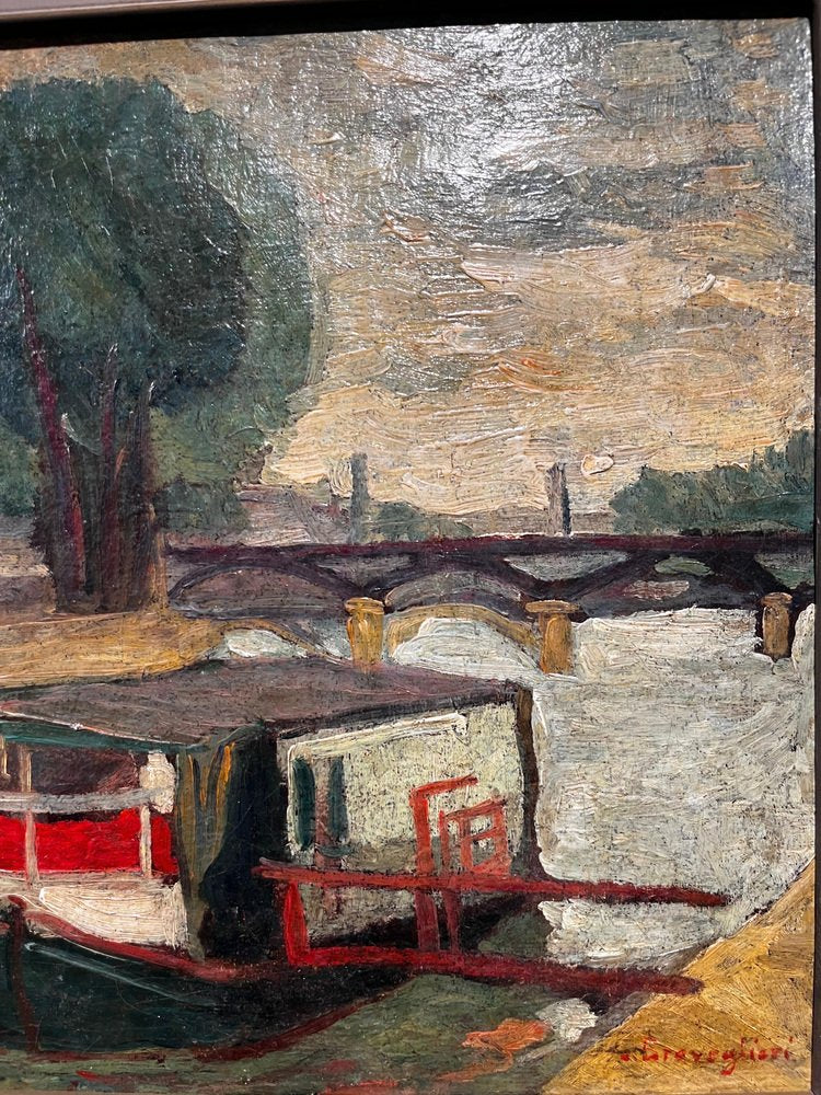 Cesare Breviglieri, The Seine in Paris, Oil Painting, 1930s, Framed